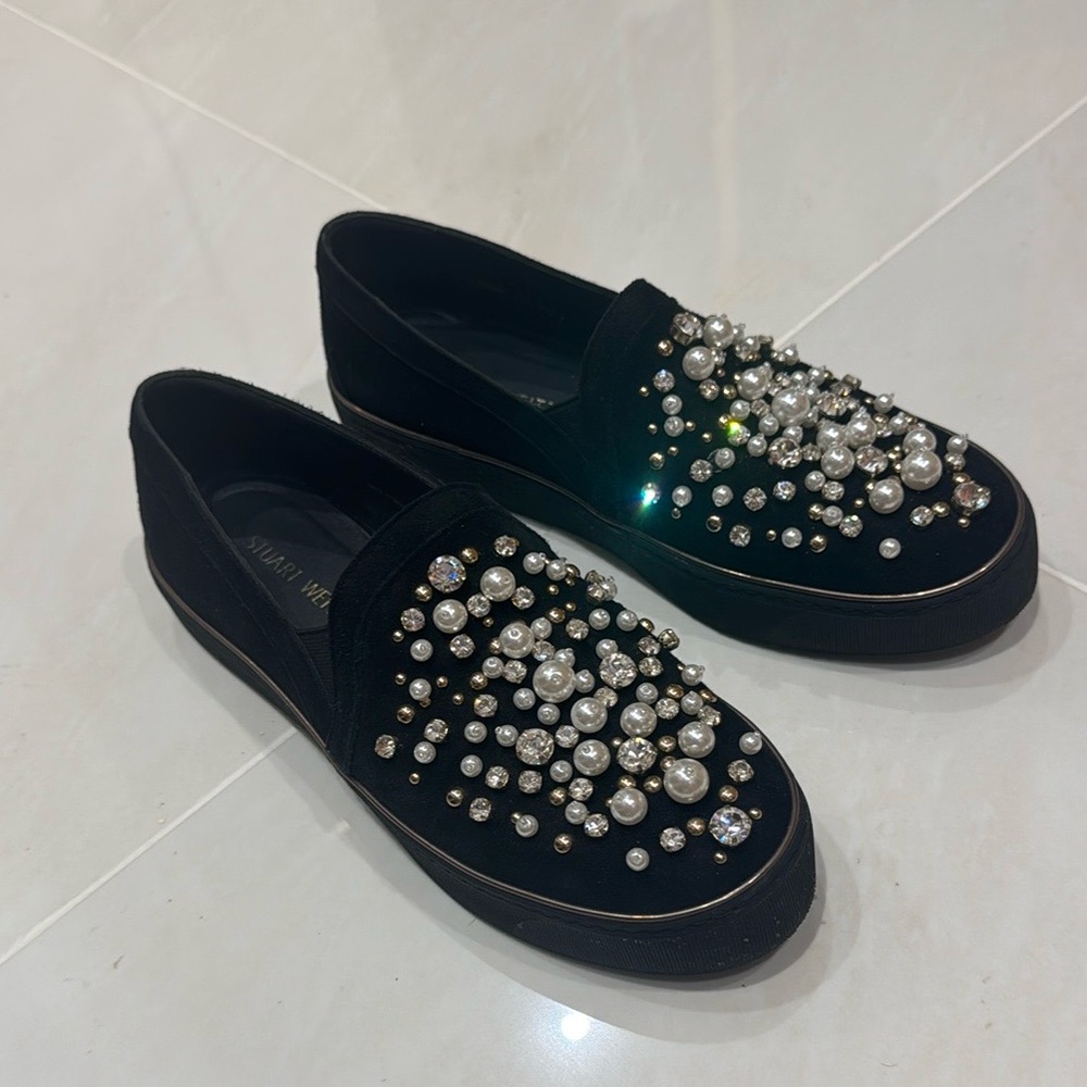 Stuart Weitzman Black Embellished Flats